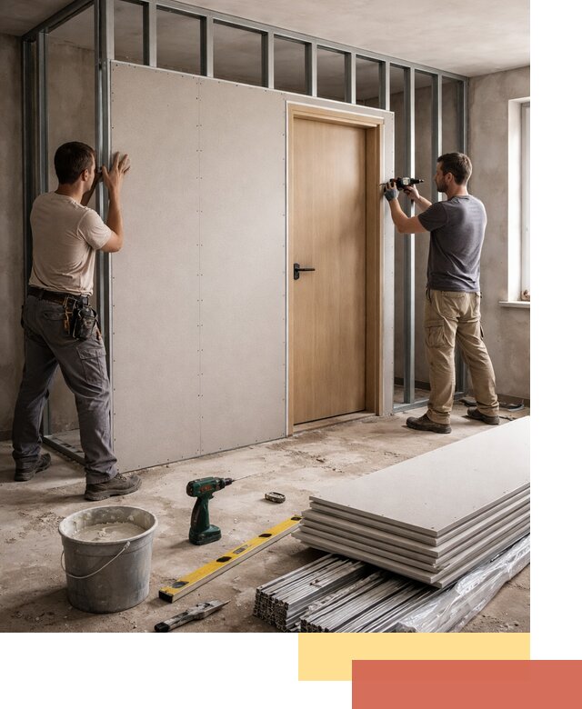 Перегородка из гипсокартона с дверью под ключ в Набережных Челнах