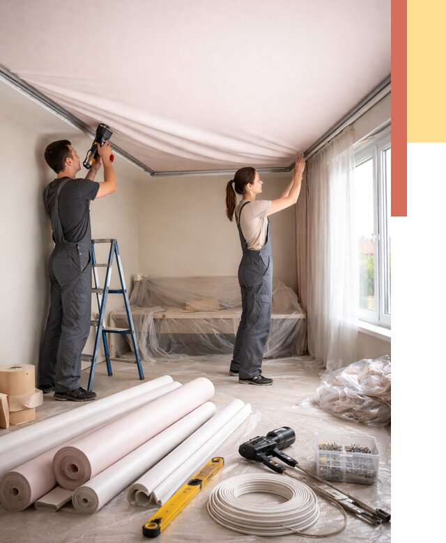 Монтаж цветного натяжного потолка в Набережных Челнах от 4266 руб/м² — быстро и недорого | ОТДЕЛОЧНИК-Нбр