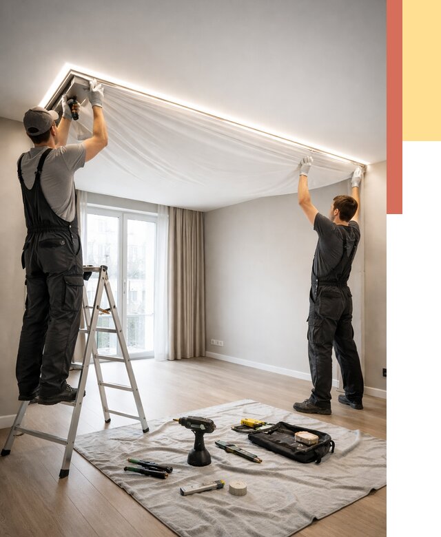 Монтаж парящего натяжного потолка в Набережных Челнах от 4571 руб. быстро и недорого | ОТДЕЛОЧНИК-Нбр