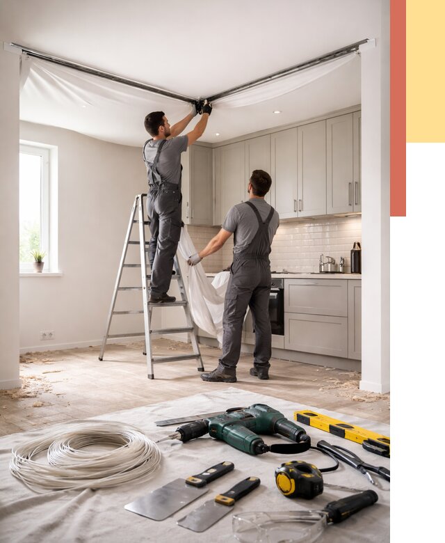 Установка натяжного потолка на кухне в Набережных Челнах от 2438 руб. | ОТДЕЛОЧНИК-Нбр