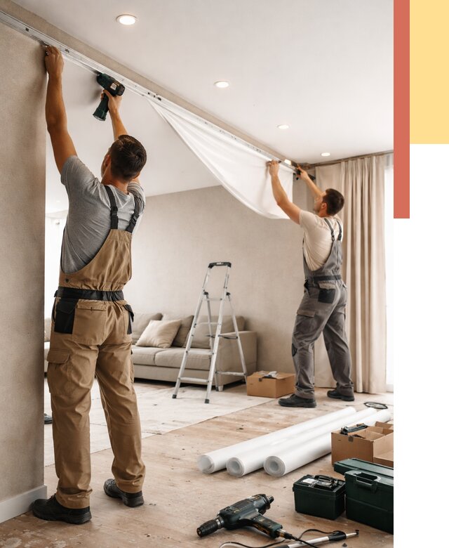 Монтаж натяжного потолка в гостиной в Набережных Челнах от 559 руб. | ОТДЕЛОЧНИК-Нбр