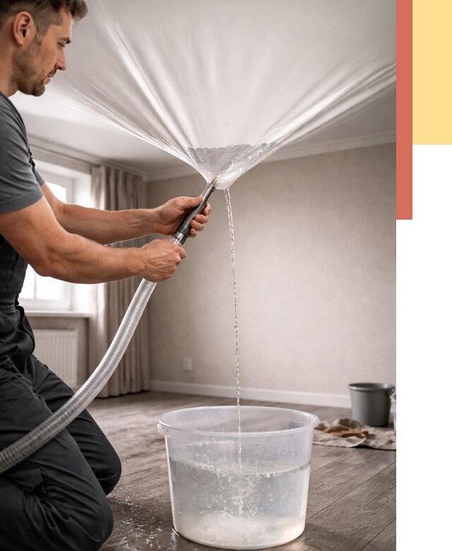 Слив воды с натяжного потолка в Набережных Челнах от 2540 руб. быстро и недорого | ОТДЕЛОЧНИК-Нбр